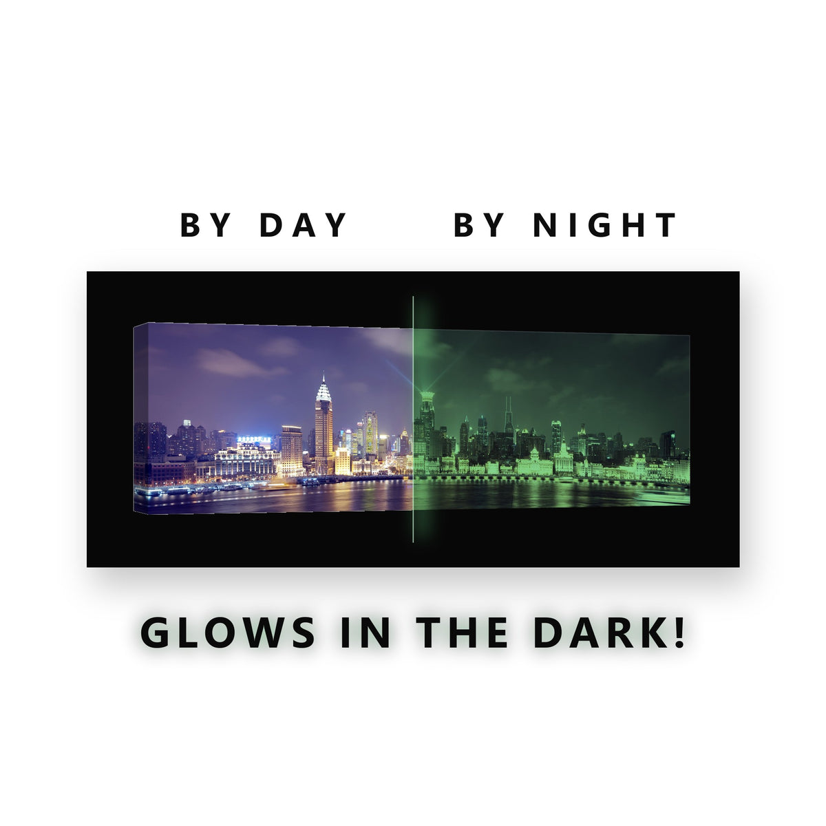 Shanghai Waterfront Night Glow in the Dark Canvas Wall Art for Office, glowing at night