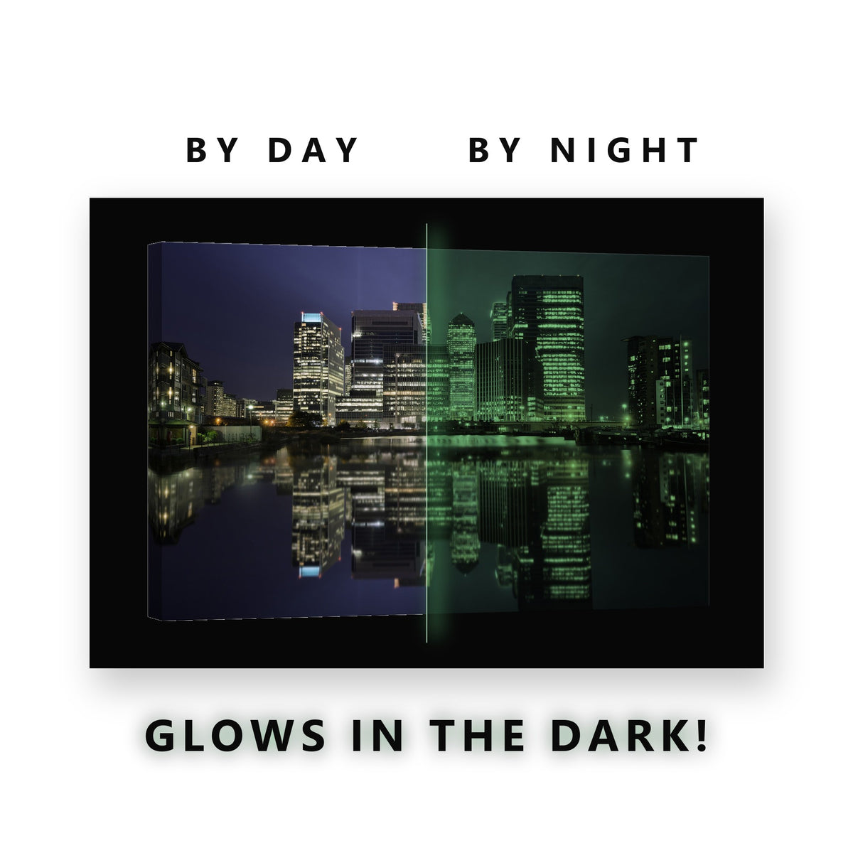 London Docklands at Night Glow in the Dark Canvas Wall Art for Office, glowing at night