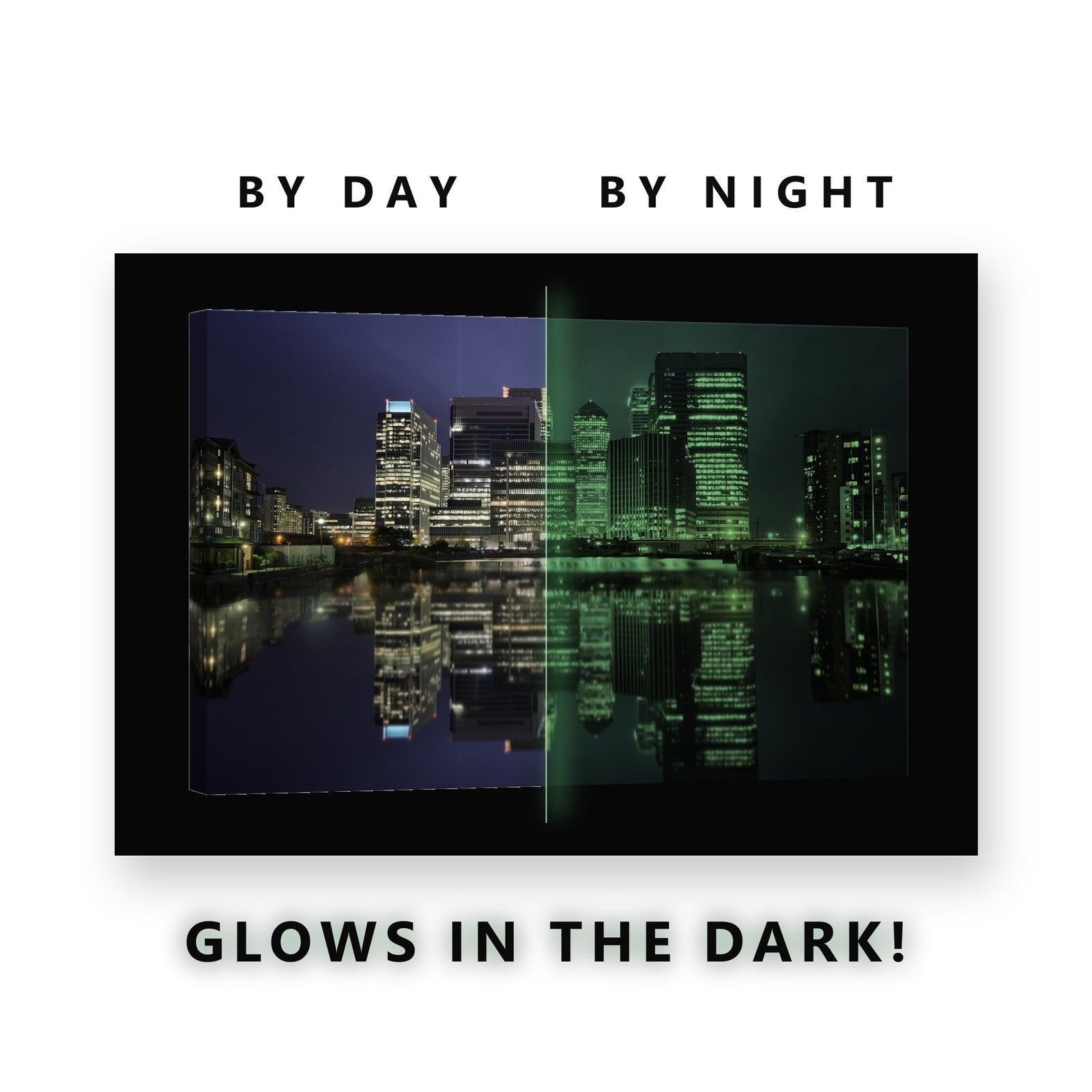 London Docklands at Night Glow in the Dark Canvas Wall Art for Office, glowing at night