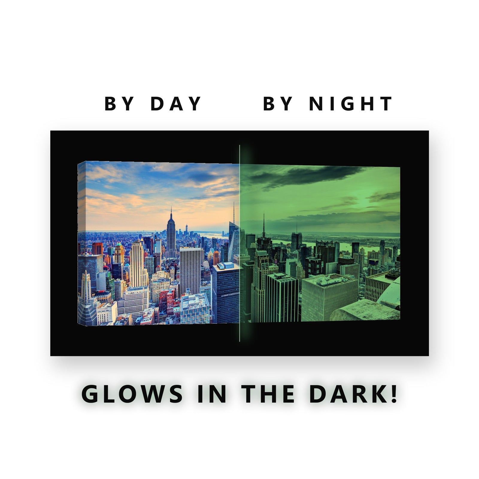 New York Rooftop Sunset Glow in the Dark Canvas Wall Art for Living Room, glowing at night