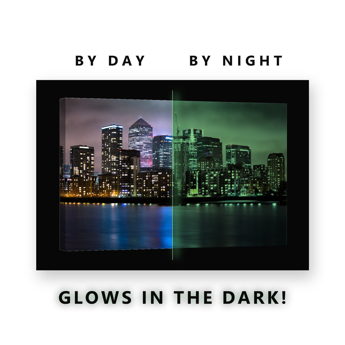 London Towers Across Water Glow in the Dark Canvas Wall Art for Office, glowing at night
