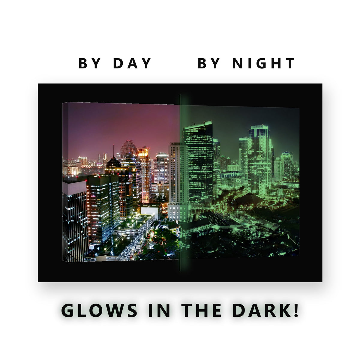 Neon City Skyline at Night Glow in the Dark Canvas Wall Art for Bedroom, glowing at night
