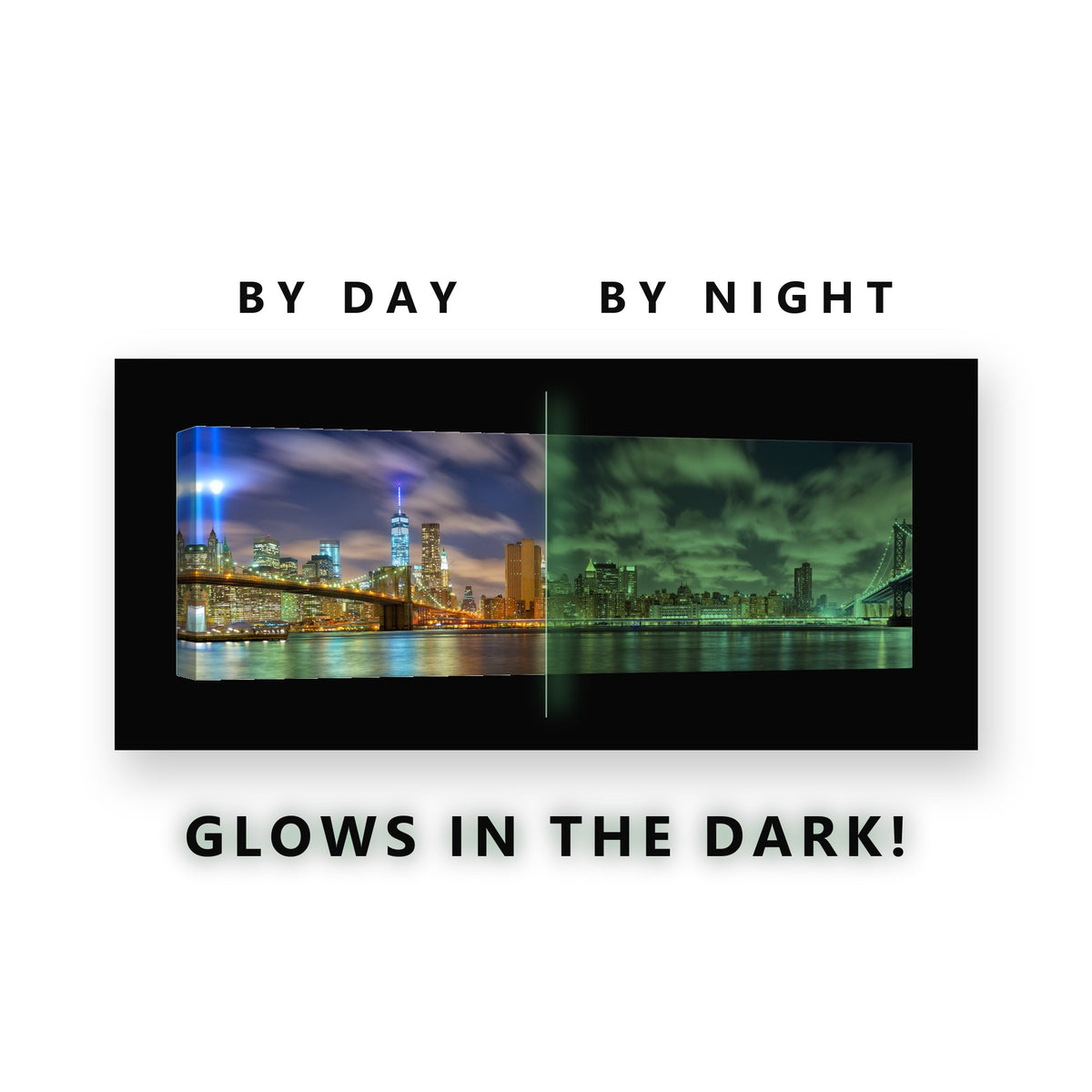 New York Bridges and Lights Glow in the Dark Canvas Wall Art for Bedroom, glowing at night