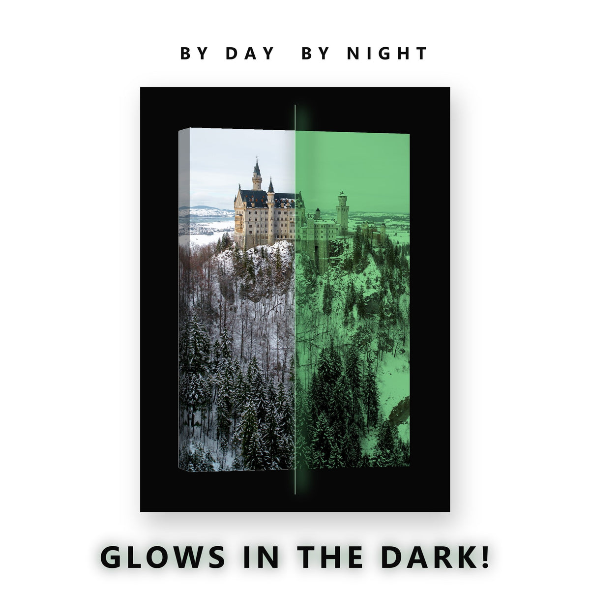 Neuschwanstein Castle Winter Glow in the Dark Canvas Wall Art for Bedroom, glowing at night