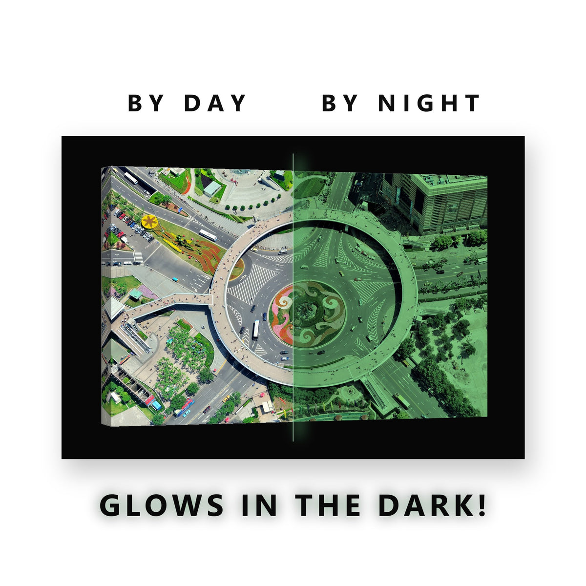 City Roundabout From Above Glow in the Dark Canvas Wall Art for Office, glowing at night