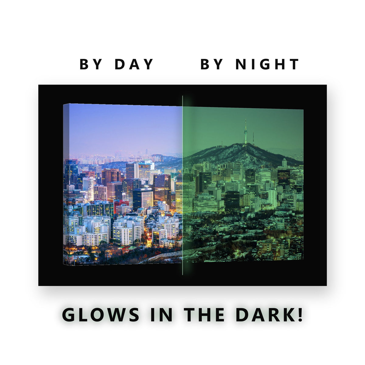 Seoul Skyline at Dusk Glow in the Dark Canvas Wall Art for Living Room, glowing at night