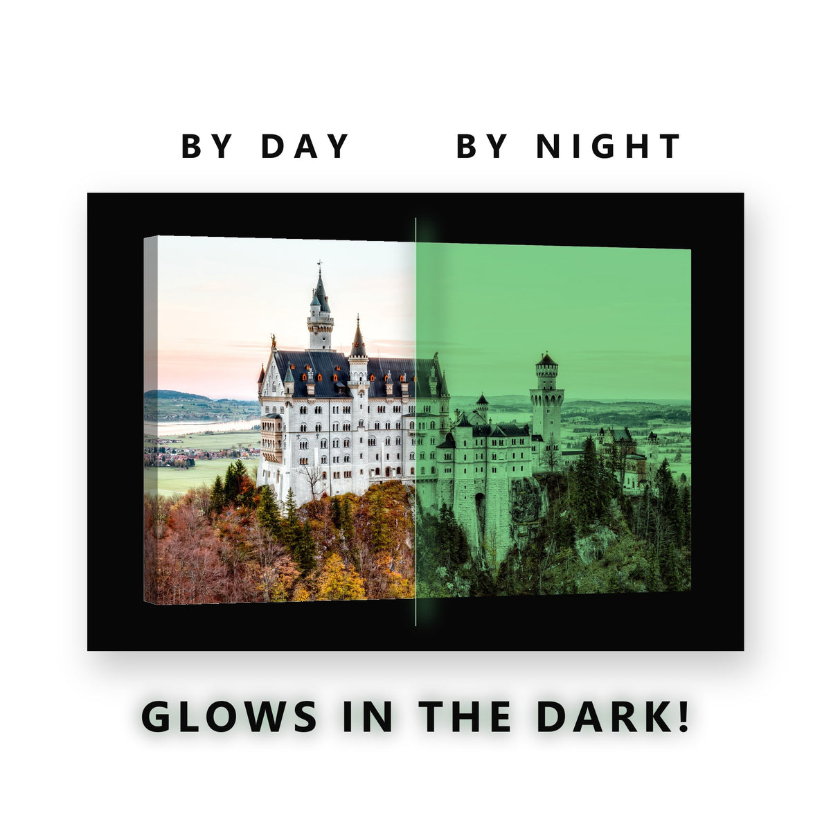 Neuschwanstein Castle Autumn Glow in the Dark Canvas Wall Art for Bedroom, glowing at night