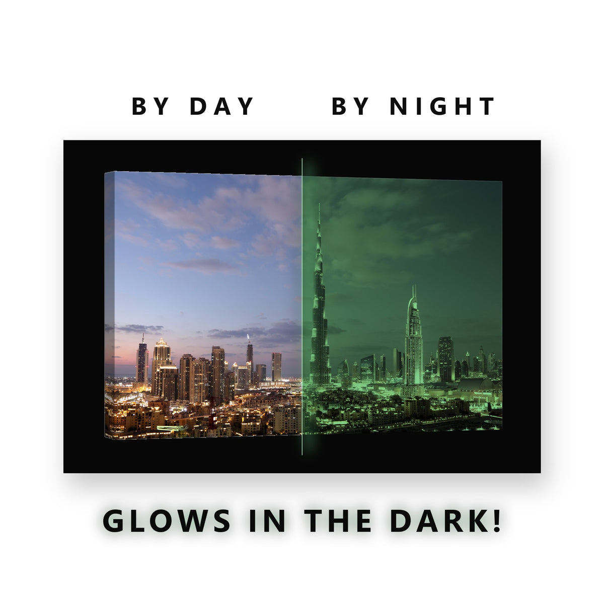 Dubai Skyline at Dusk Glow in the Dark Canvas Wall Art for Living Room, glowing at night