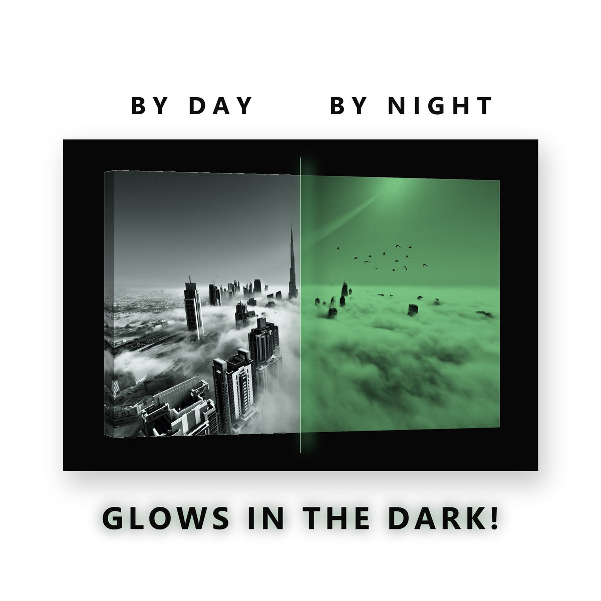 Dubai Towers Above Clouds Glow in the Dark Canvas Wall Art for Office, glowing at night