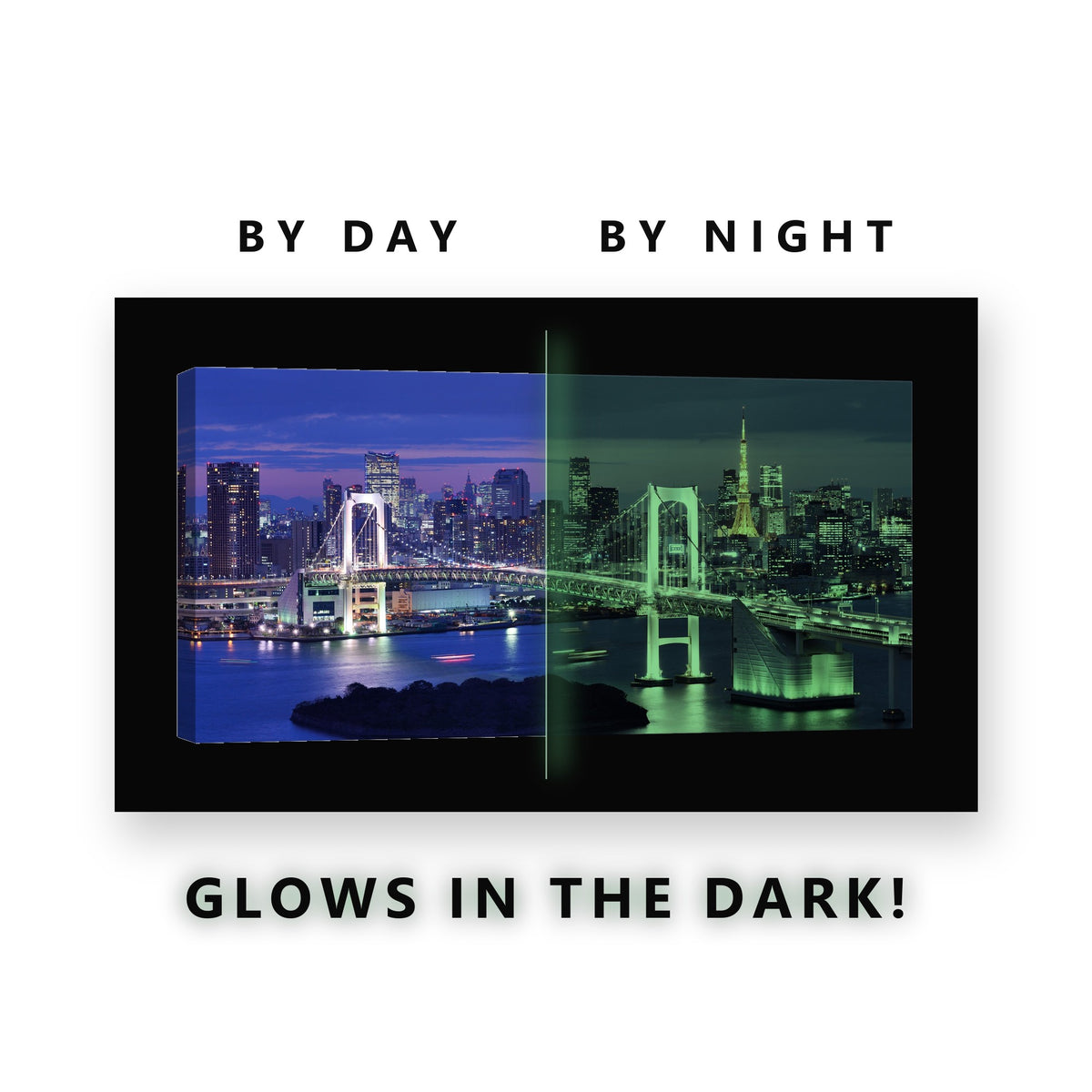 Tokyo Rainbow Bridge Night Glow in the Dark Canvas Wall Art for Bedroom, glowing at night