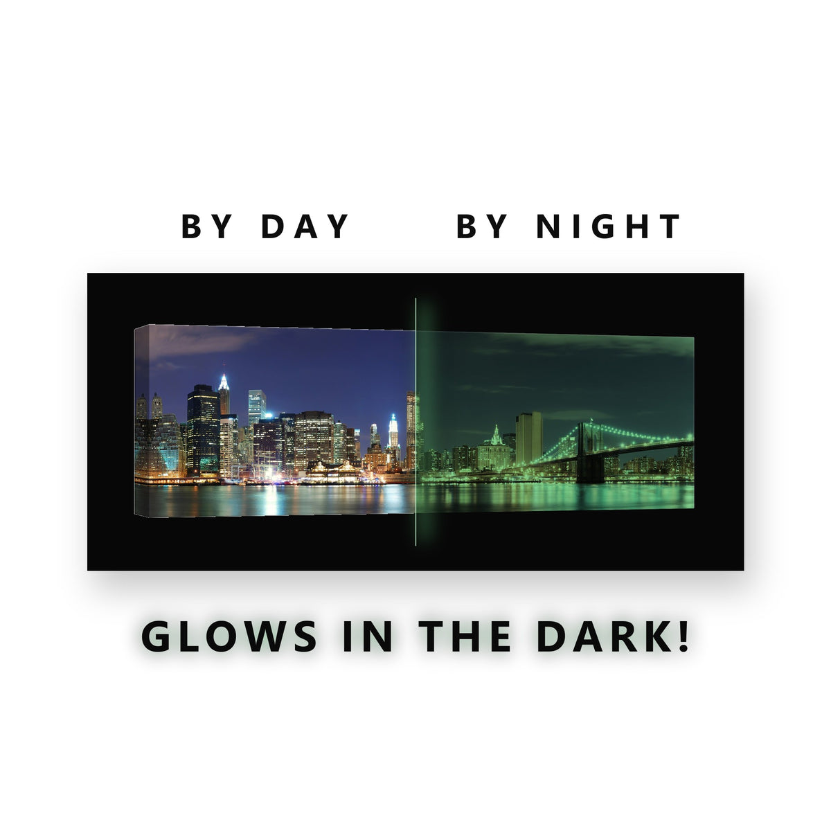 New York Blue Hour Skyline Glow in the Dark Canvas Wall Art Bedroom, glowing at night