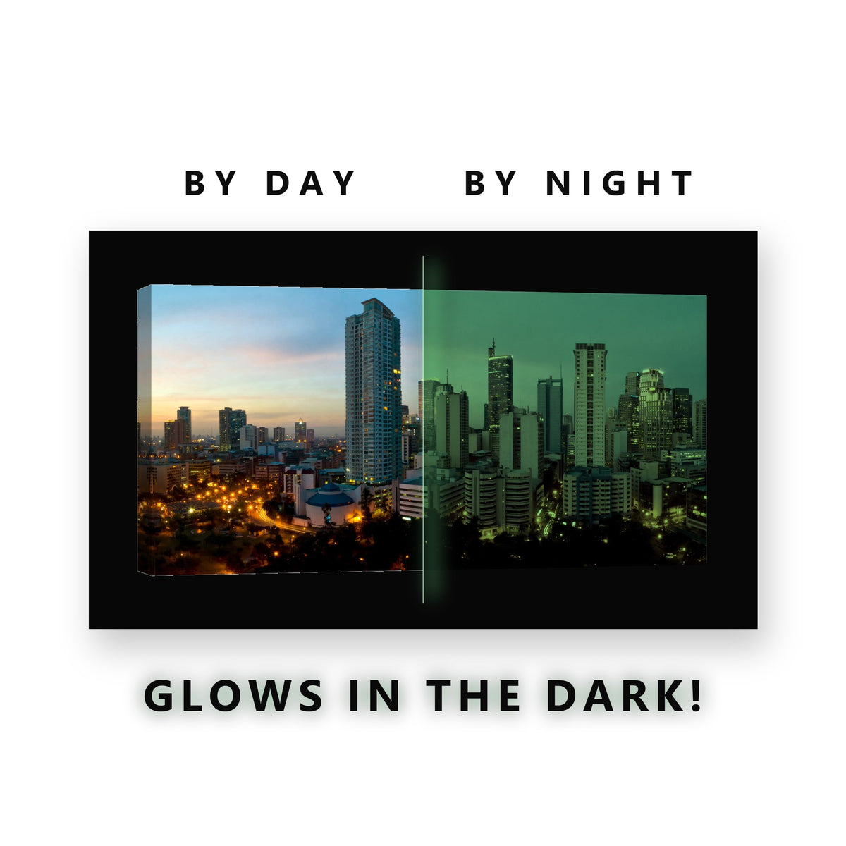 City Skyline at Dusk Glow in the Dark Canvas Wall Art for Living Room, glowing at night
