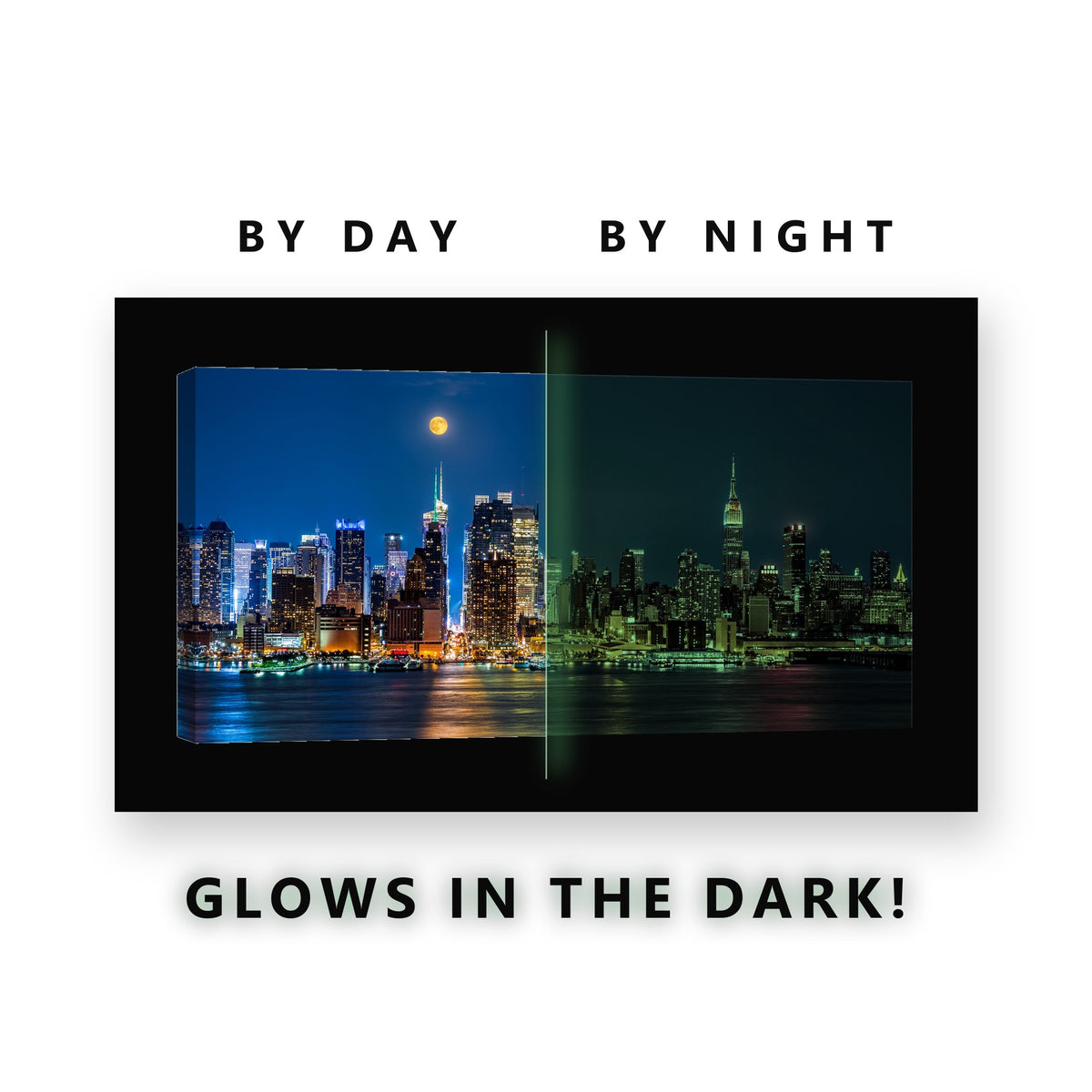 Manhattan Full Moon Night Glow in the Dark Canvas Wall Art for Bedroom, glowing at night
