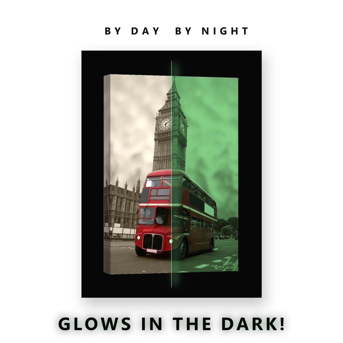 London Red Bus and Big Ben Glow in the Dark Canvas Wall Art for Bedroom, glowing at night
