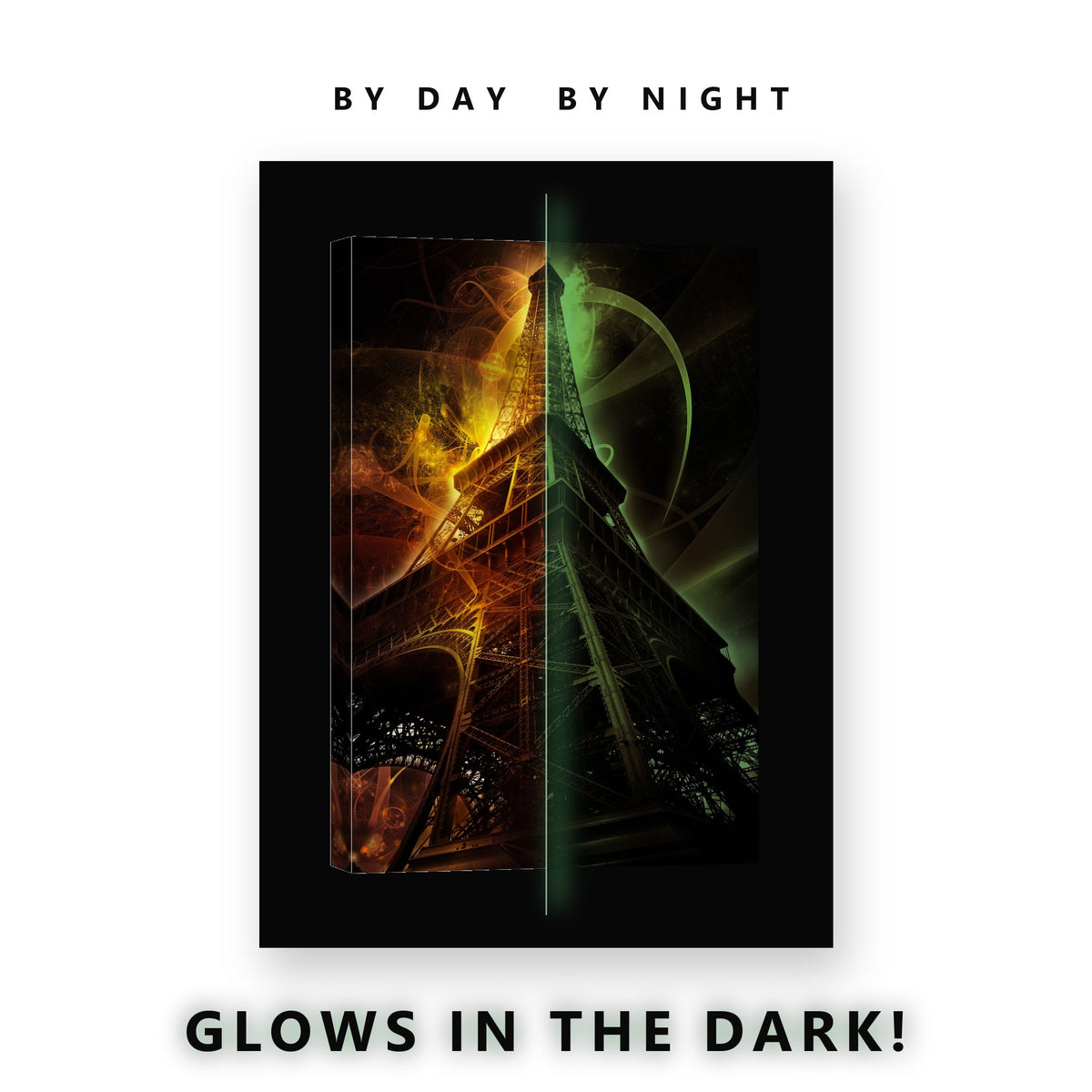 Eiffel Tower in Fire Light Glow in the Dark Canvas Wall Art for Bedroom, glowing at night