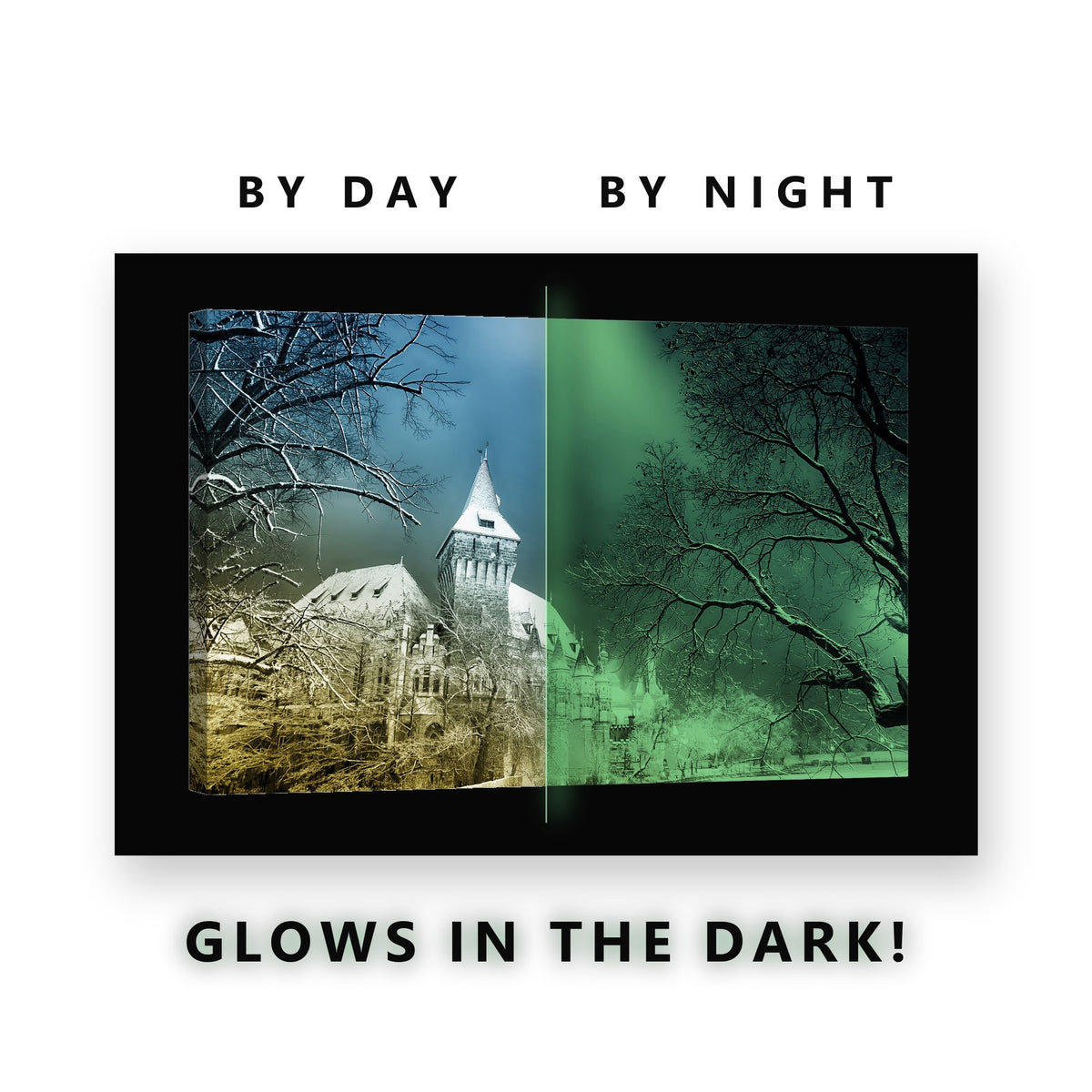 Winter Castle in the Fog Glow in the Dark Canvas Wall Art for Living Room, glowing at night