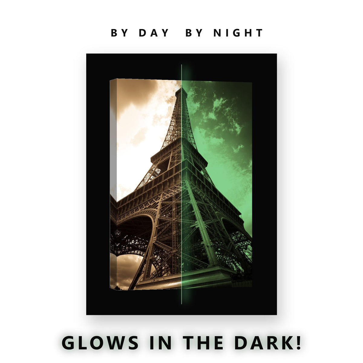Eiffel Tower Sepia View Glow in the Dark Canvas Wall Art for Living Room, glowing at night