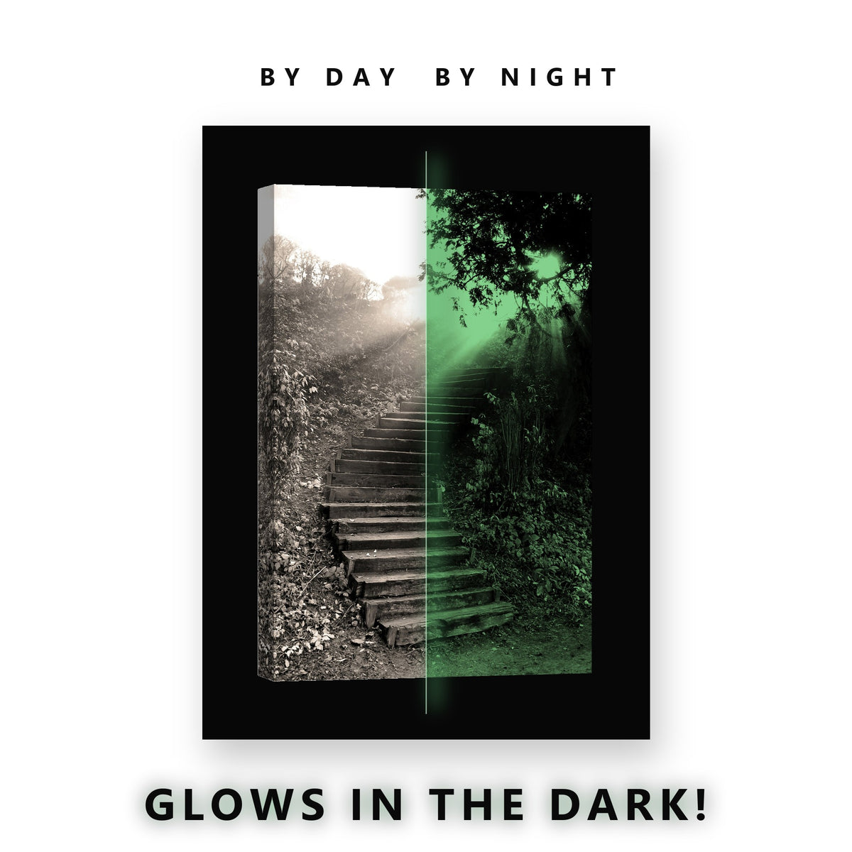 Forest Steps in Sunlight Glow in the Dark Canvas Wall Art for Living Room, glowing at night