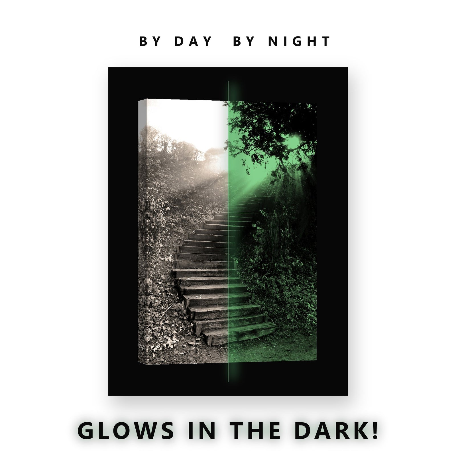Forest Steps in Sunlight Glow in the Dark Canvas Wall Art for Living Room, glowing at night