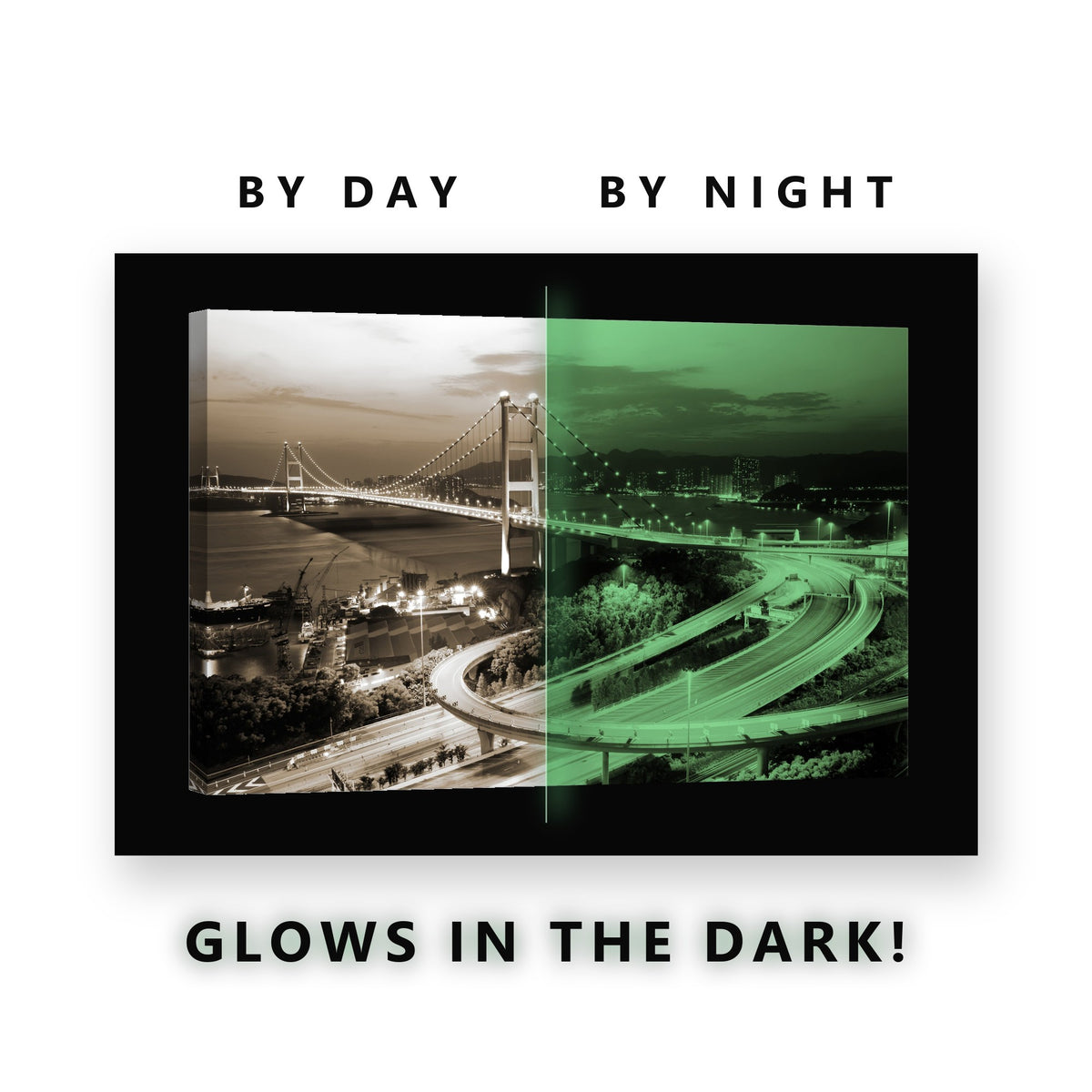Hong Kong Bridge at Dusk Glow in the Dark Canvas Wall Art for Office, glowing at night
