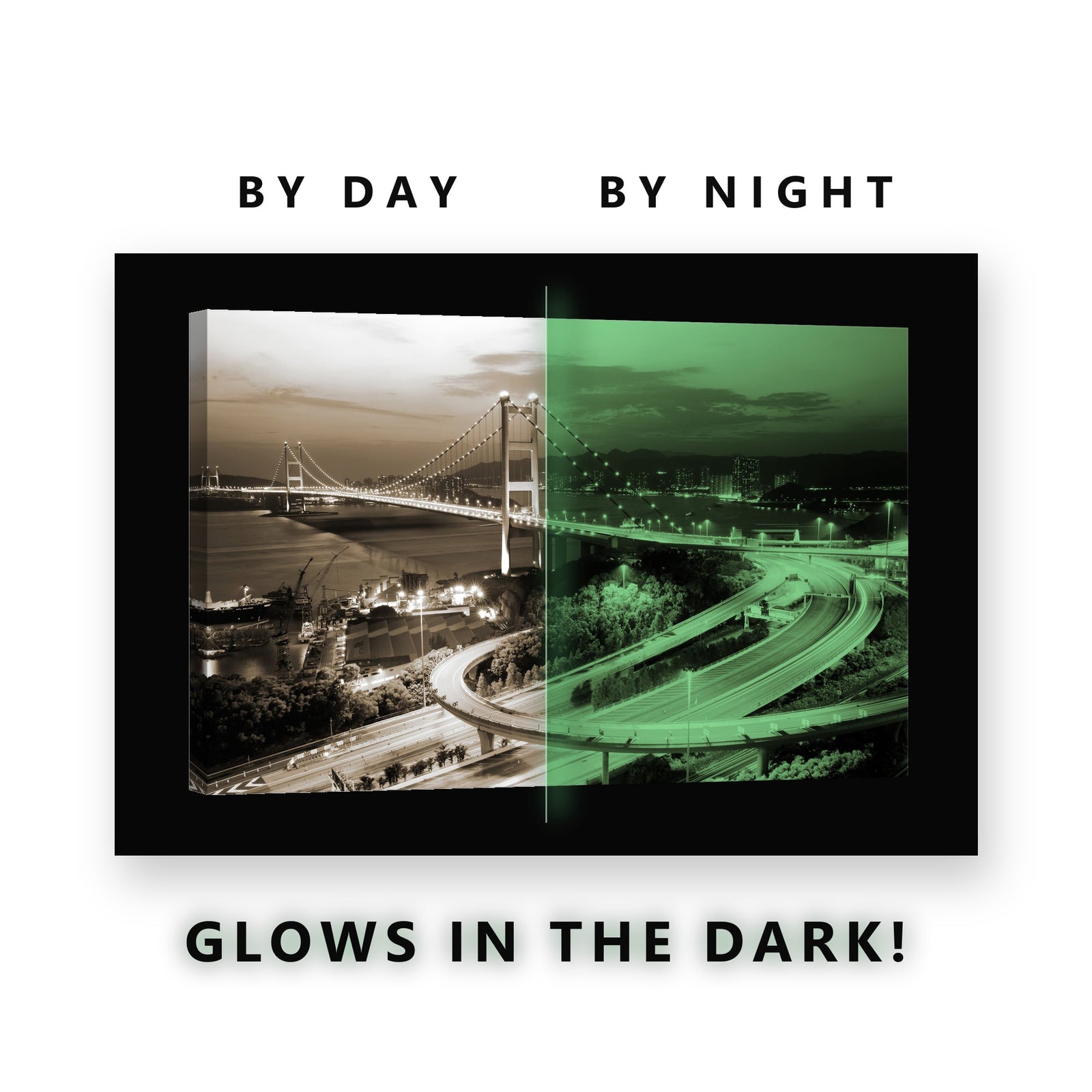 Hong Kong Bridge at Dusk Glow in the Dark Canvas Wall Art for Office, glowing at night