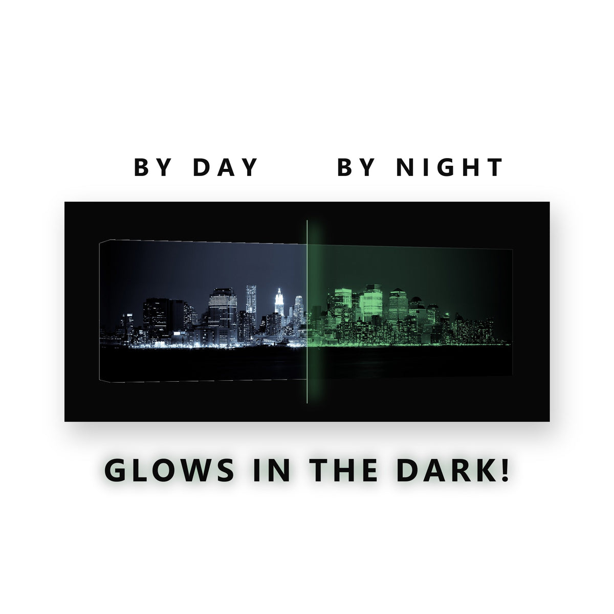 Manhattan Skyline Mono Glow in the Dark Canvas Wall Art for Living Room, glowing at night