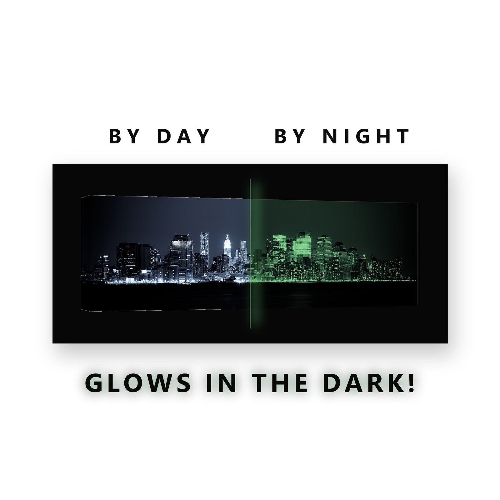 Manhattan Skyline Mono Glow in the Dark Canvas Wall Art for Living Room, glowing at night