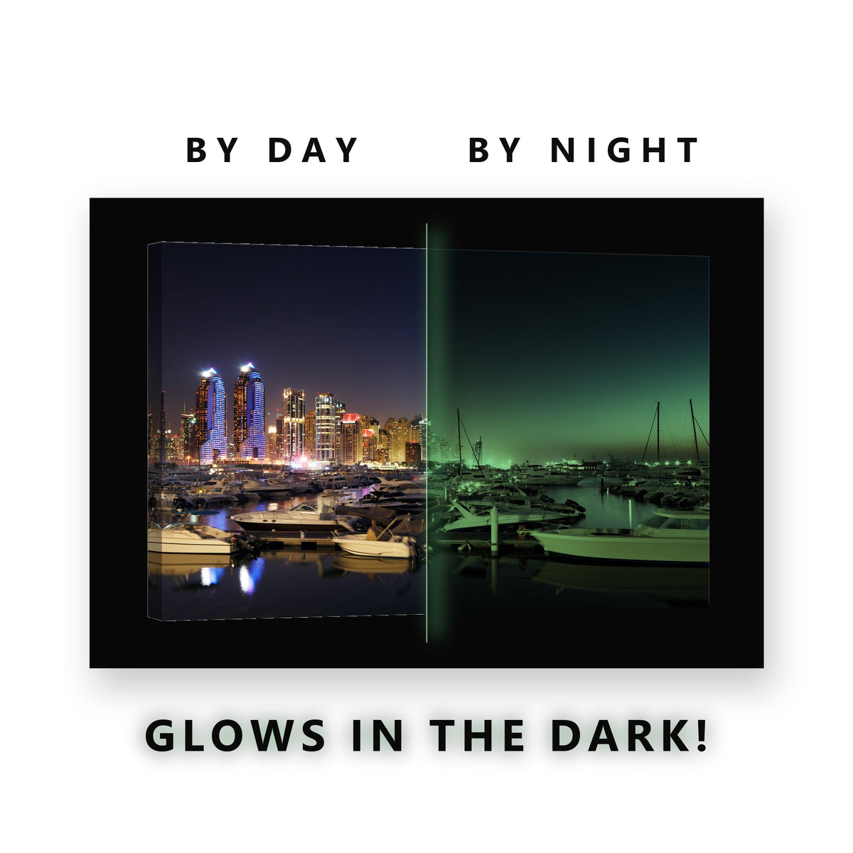 Dubai Marina at Twilight Glow in the Dark Canvas Wall Art for Living Room, glowing at night