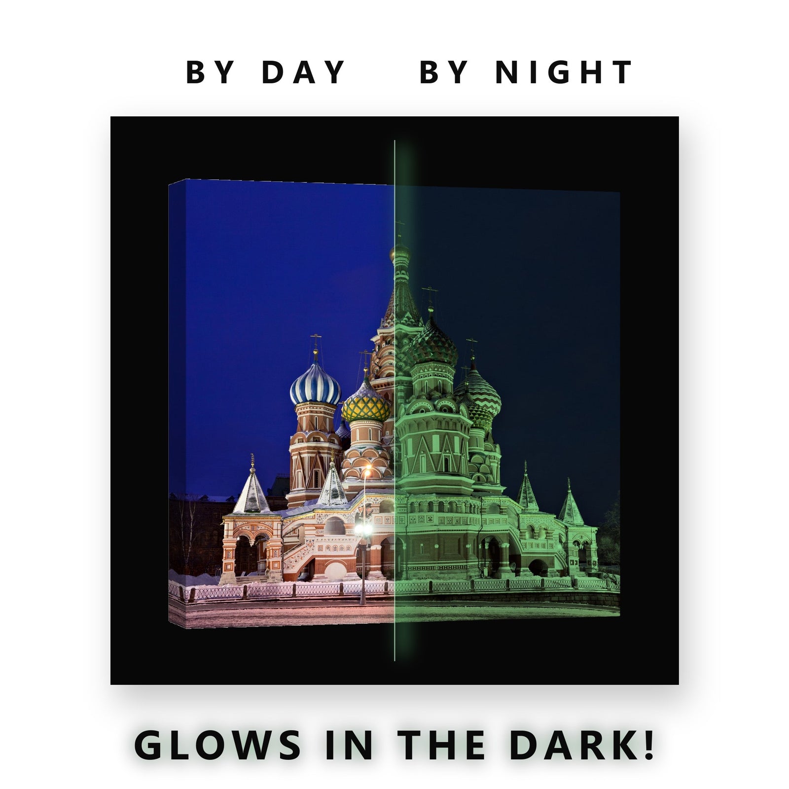 Saint Basil Cathedral Moscow Glow in the Dark Canvas Wall Art Living Room, glowing at night