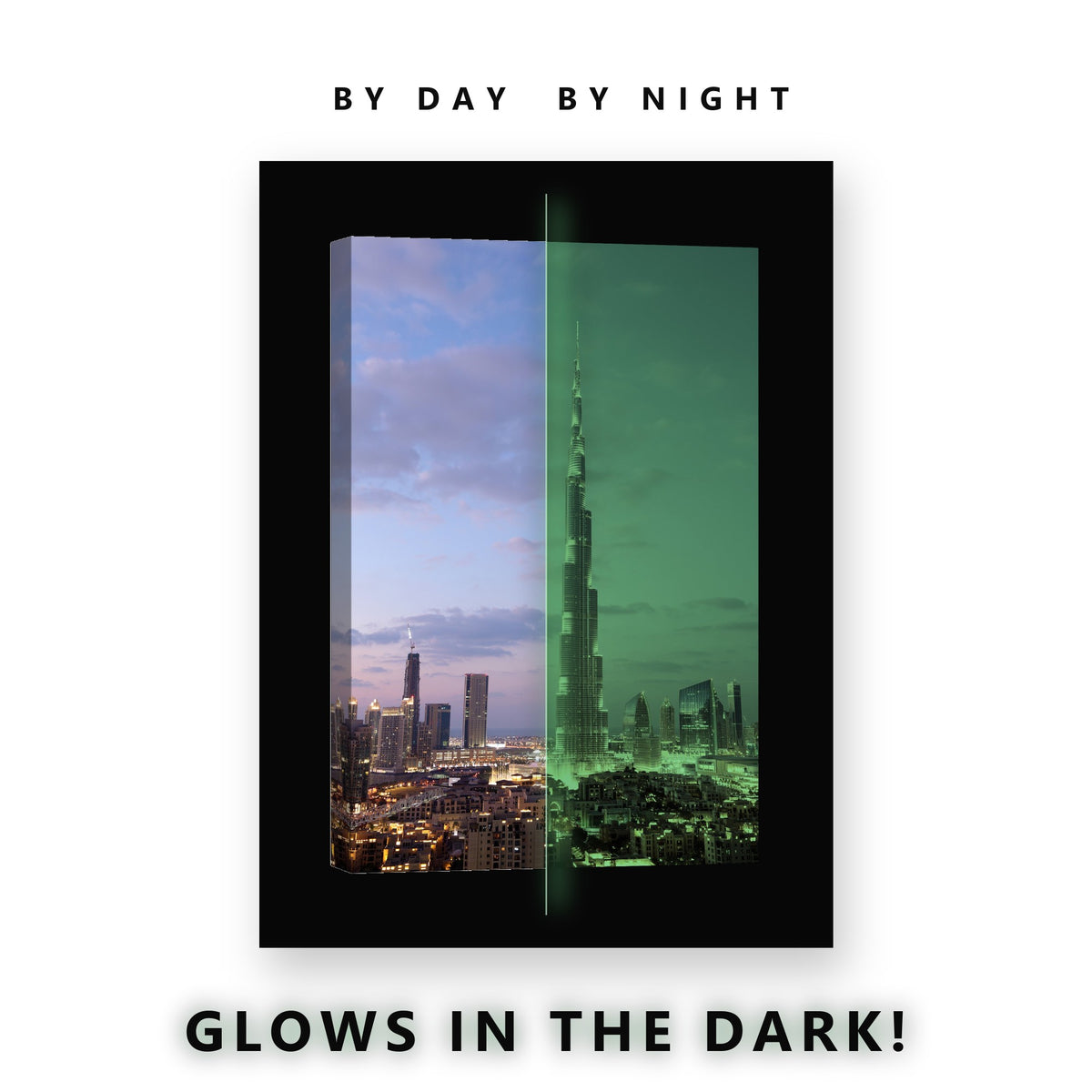Dubai Tallest Tower Dusk Glow in the Dark Canvas Wall Art for Living Room, glowing at night