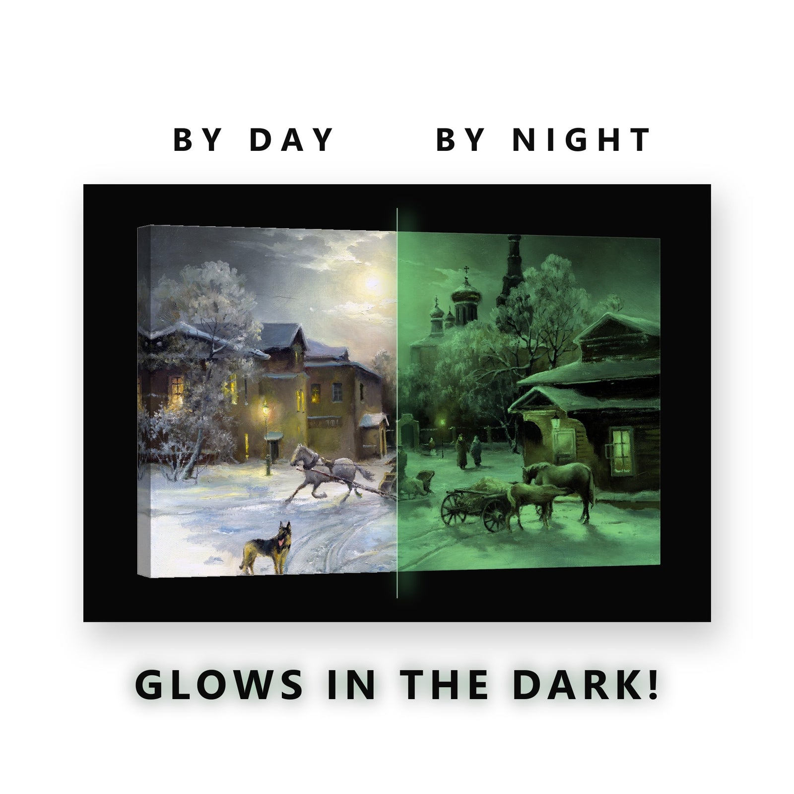 Russian Winter Village Glow in the Dark Canvas Wall Art for Living Room, glowing at night