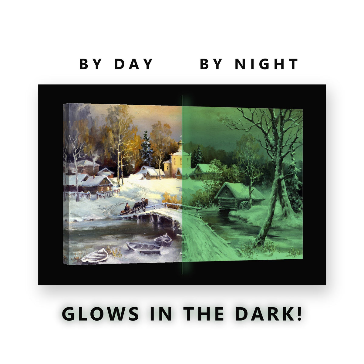 Winter Village Painting Glow in the Dark Canvas Wall Art for Living Room, glowing at night