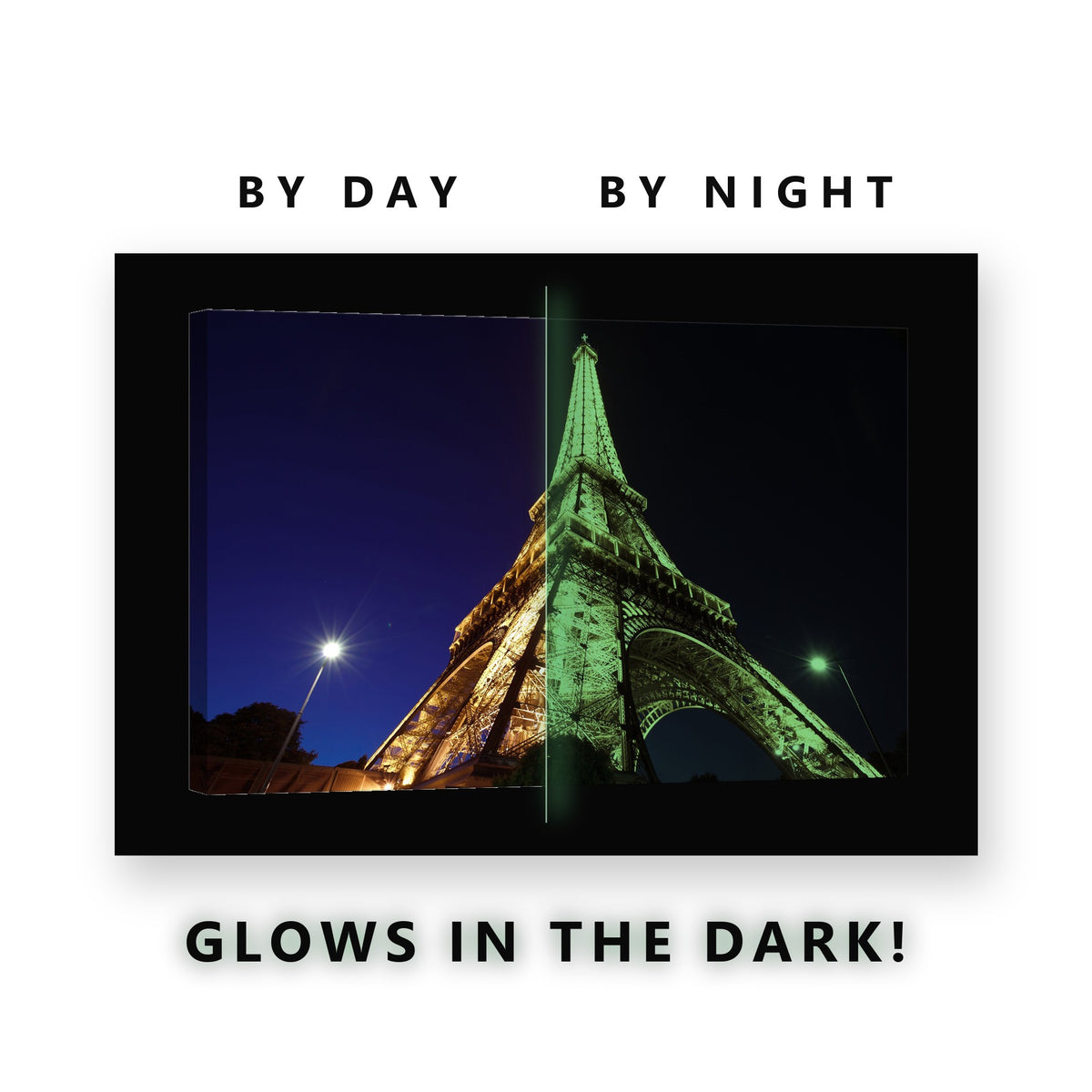 Eiffel Tower Lit at Night Glow in the Dark Canvas Wall Art for Bedroom, glowing at night
