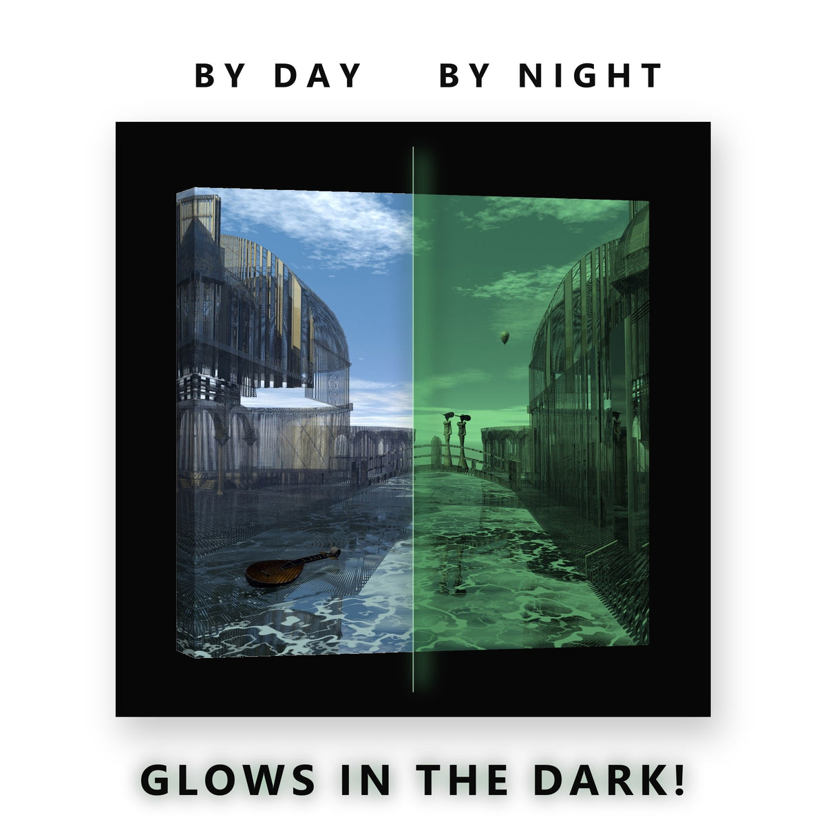 Futuristic Glass City Glow in the Dark Canvas Wall Art for Teen Bedroom, glowing at night