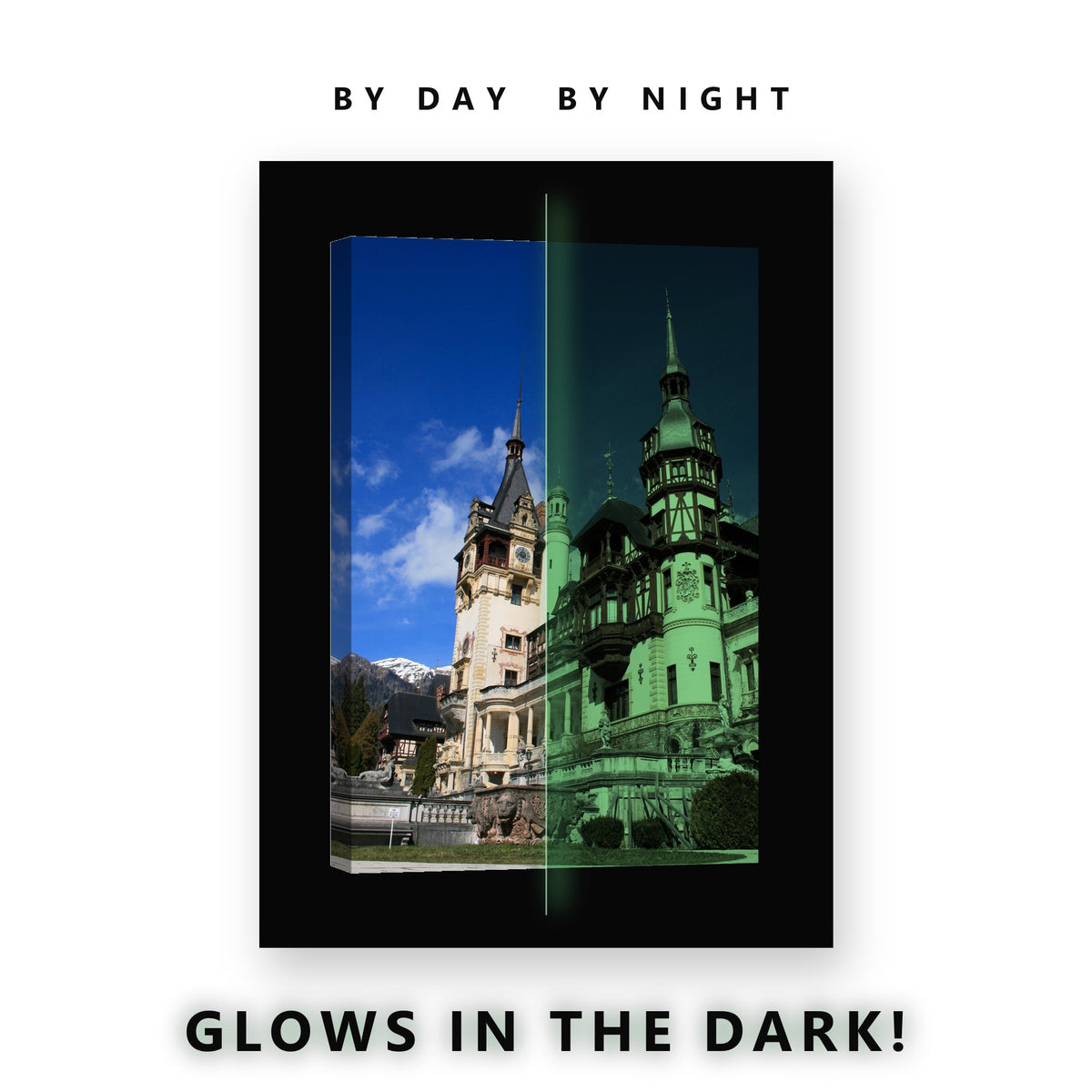 Peles Castle Romania Glow in the Dark Canvas Wall Art for Living Room, glowing at night