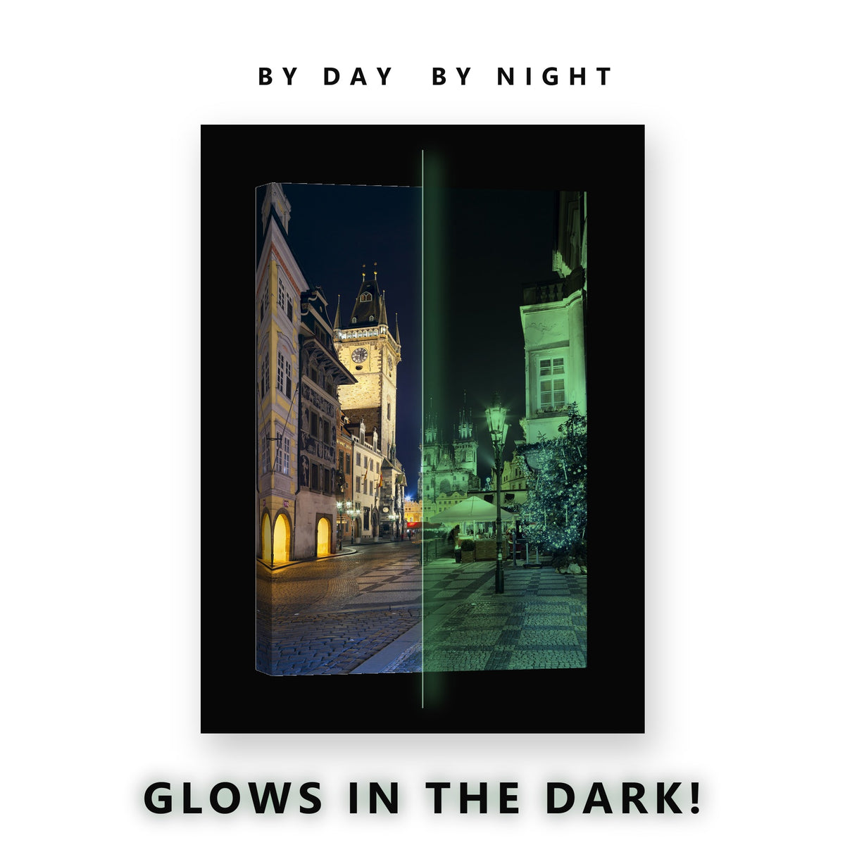 Prague Old Town at Night Glow in the Dark Canvas Wall Art for Living Room, glowing at night