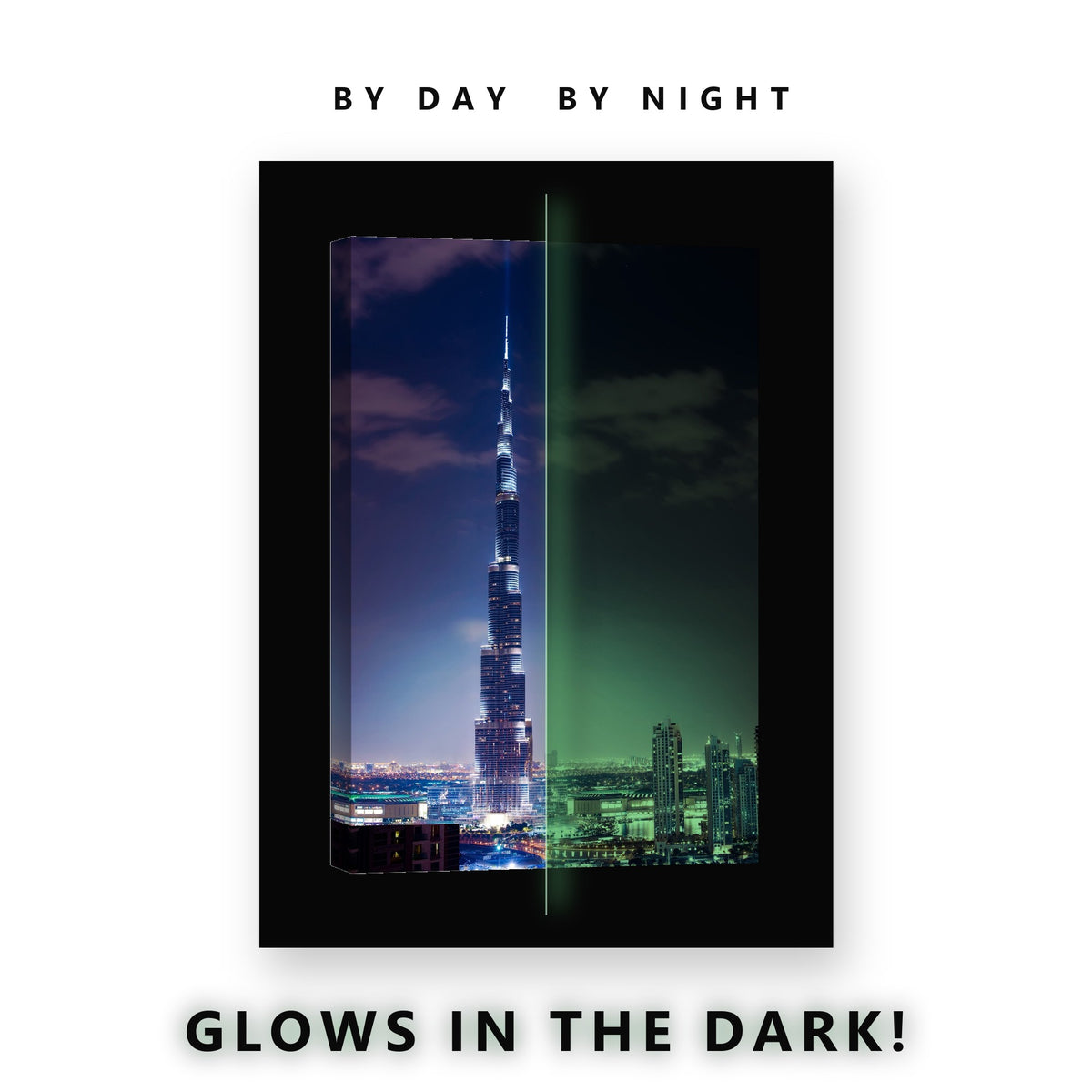 Dubai Skyscraper at Night Glow in the Dark Canvas Wall Art for Bedroom, glowing at night