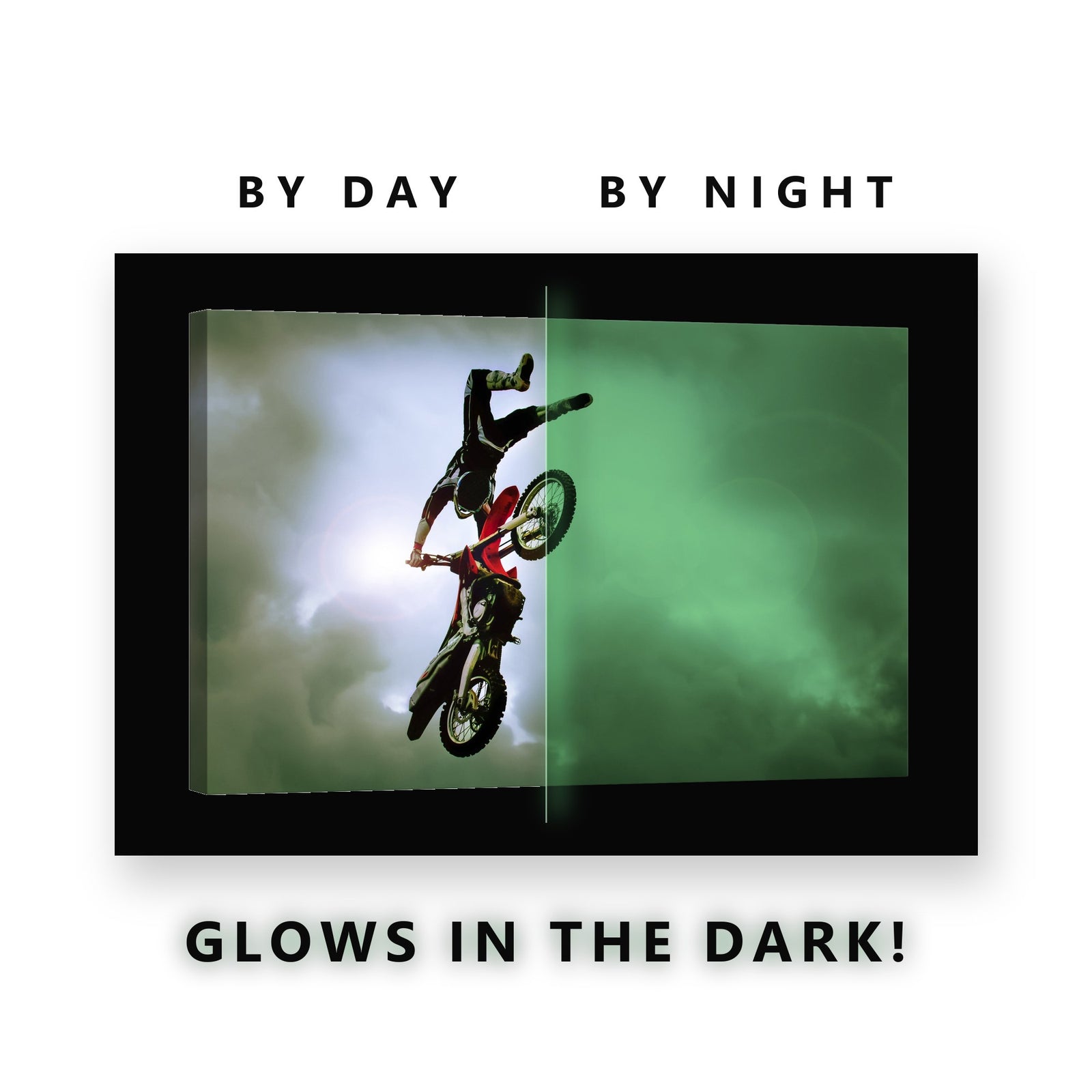 Motocross Freestyle Jump Glow in the Dark Canvas Wall Art for Boys Bedroom, glowing at night