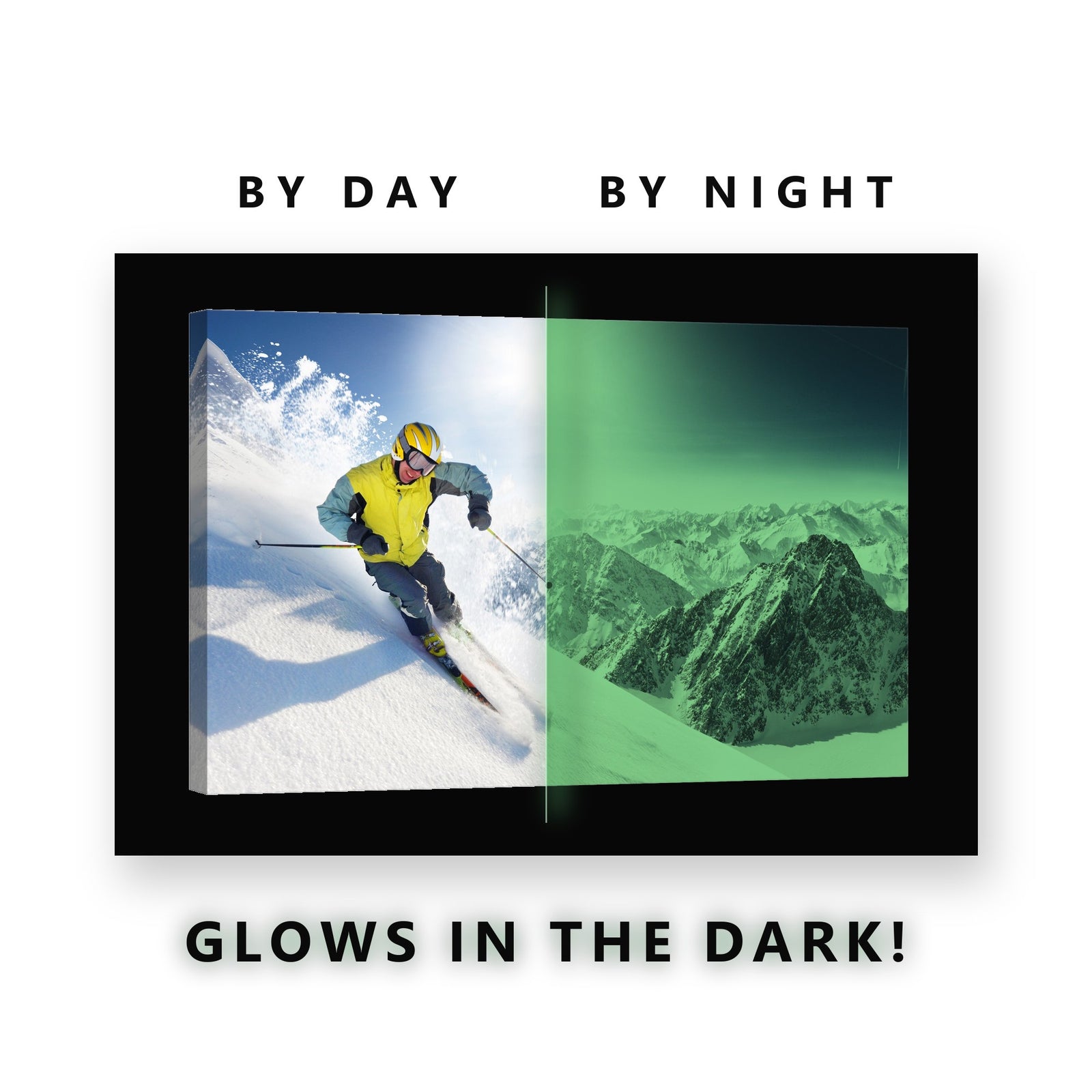 Alpine Skier in Powder Glow in the Dark Canvas Wall Art for Living Room, glowing at night