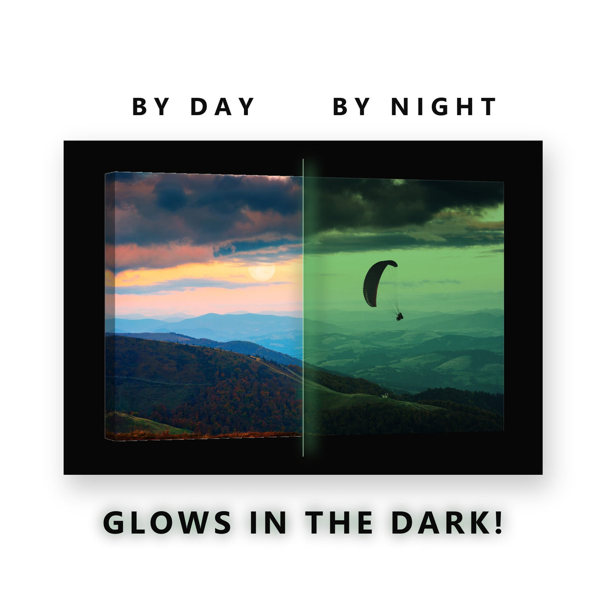 Paraglider at Sunset Glow in the Dark Canvas Wall Art for Living Room, glowing at night