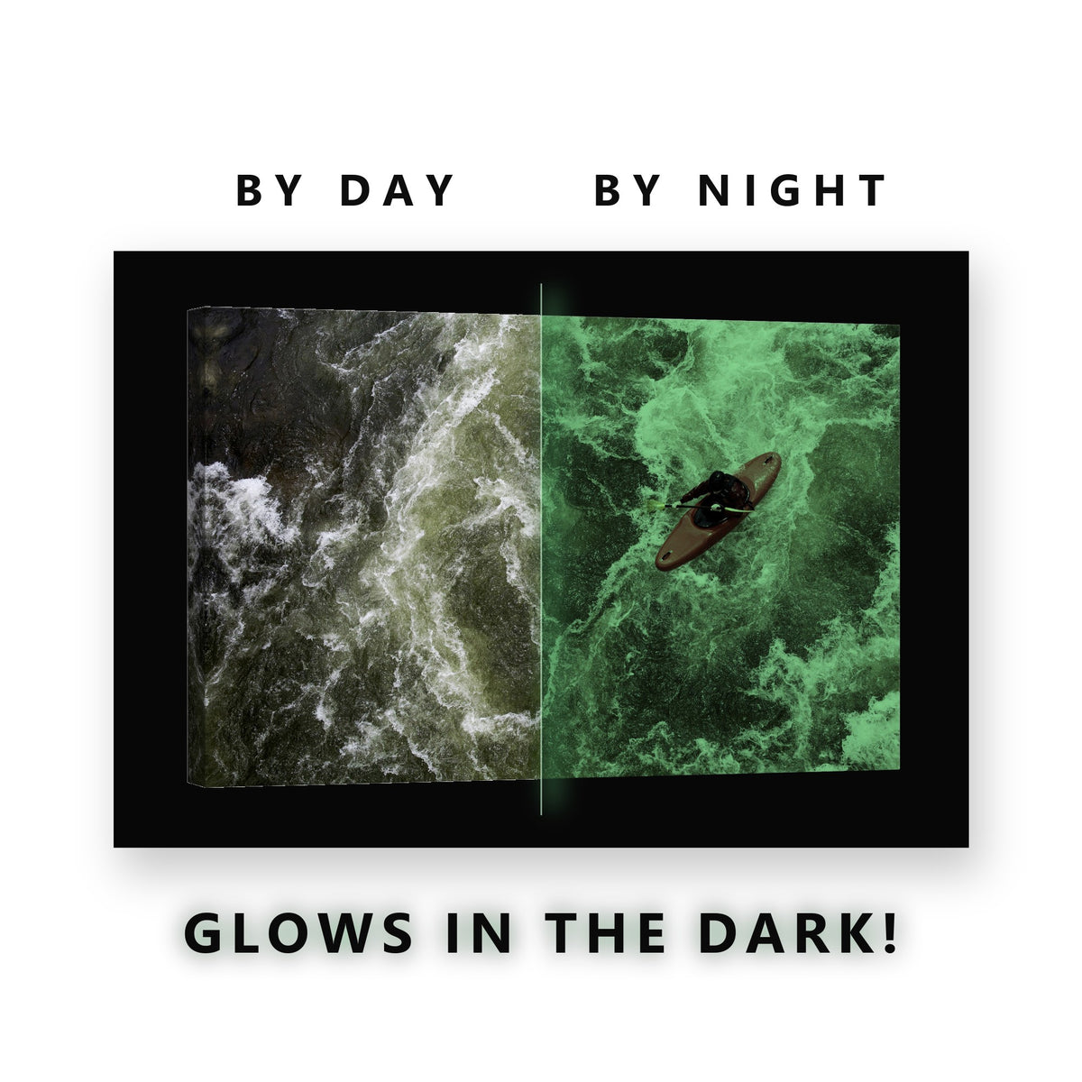 Whitewater Kayaker Glow in the Dark Canvas Wall Art for Living Room, glowing at night