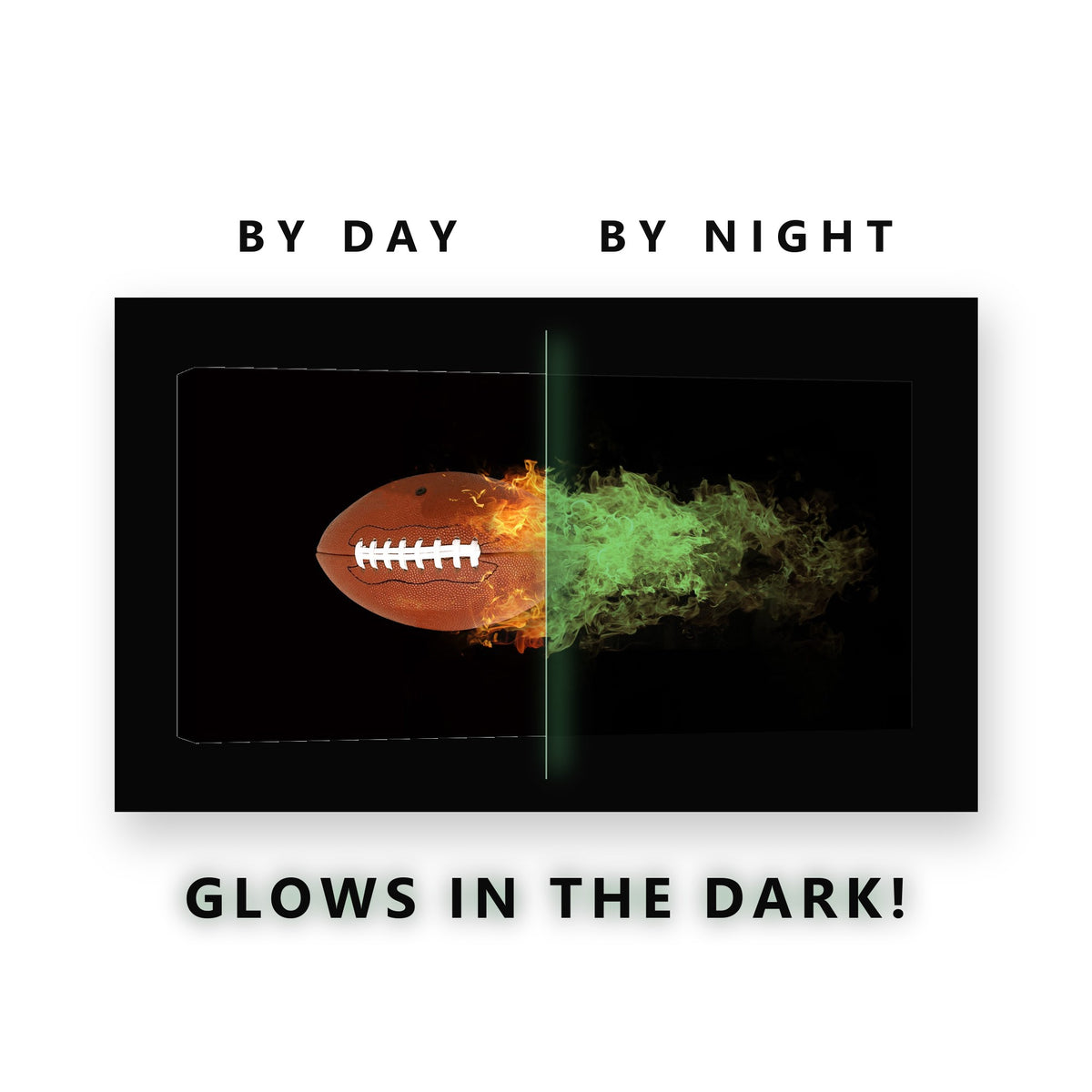 Flaming Football Glow in the Dark Canvas Wall Art for Boys Bedroom, glowing at night