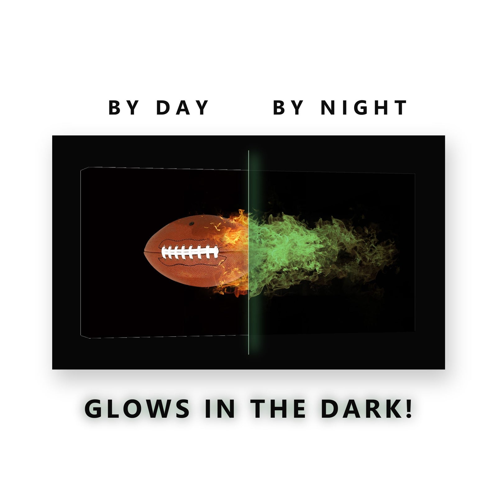 Flaming Football Glow in the Dark Canvas Wall Art for Boys Bedroom, glowing at night
