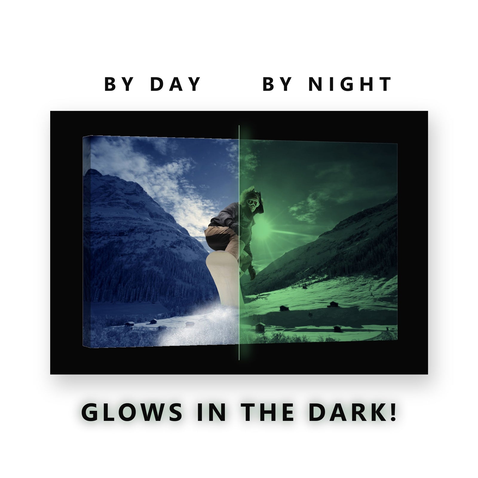 Snowboarder Mountain Jump Glow in the Dark Canvas Wall Art for Bedroom, glowing at night
