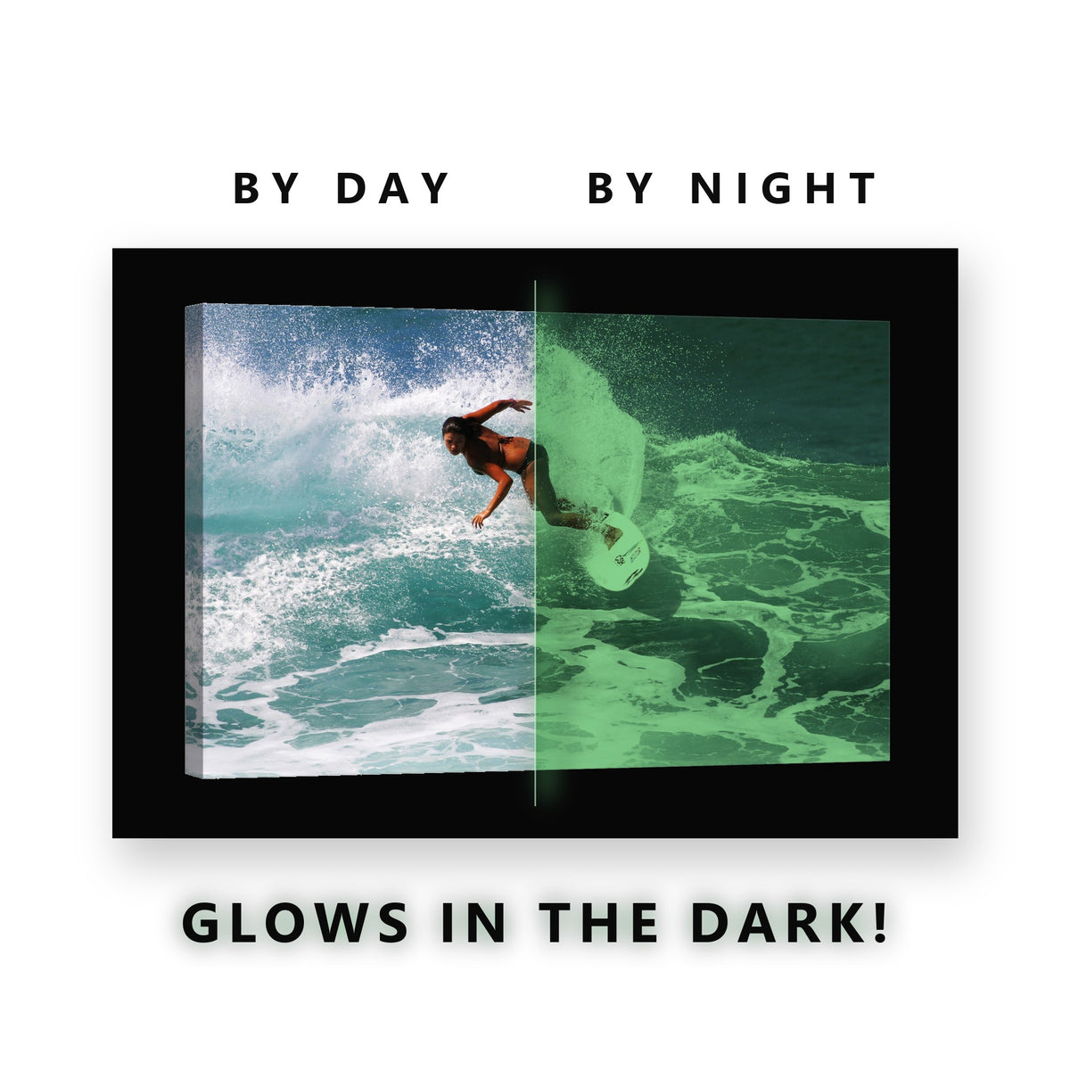 Female Surfer on Wave Glow in the Dark Canvas Wall Art for Living Room, glowing at night