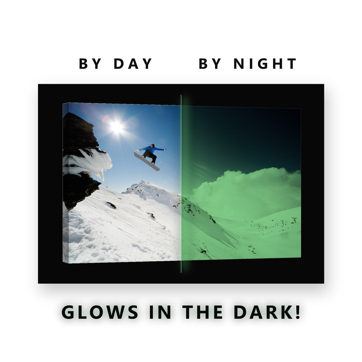 Snowboard Cliff Jump Glow in the Dark Canvas Wall Art for Boys Bedroom, glowing at night