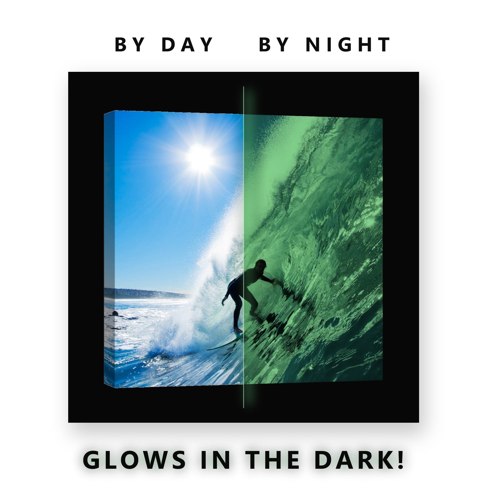 Surfer Riding Barrel Wave Glow in the Dark Canvas Wall Art for Bedroom, glowing at night